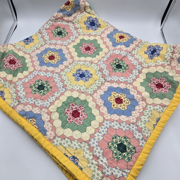Handmade Other - VTG Handmade Baby Crib Quilt GrannyCore Grandma's Garden 70's 42x38" CottageCore